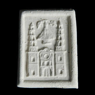 Sacred clay tablet with cathedral with Virgin and pair of cherubs