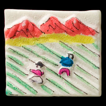 Painted tablet votive offering with people in fields