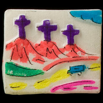 Painted tablet votive offering with 3 crosses atop mountains