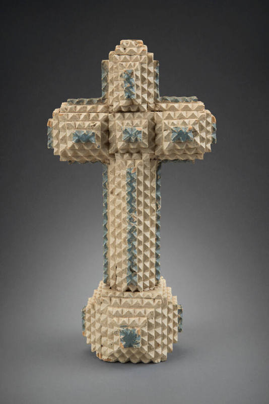 Tramp art cross, blue and white