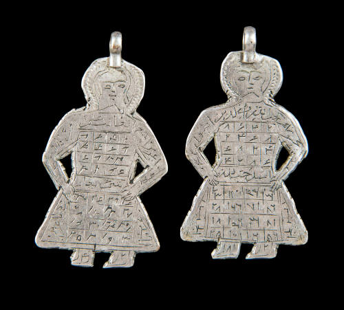 Pair of figurative pendants inscribed with magic squares containing Arabic writing