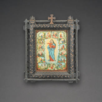 Tramp art frame with print of Virgin of the Rosary