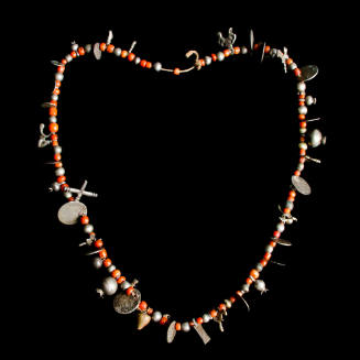 Necklace, coral and silver with coins and milagros
