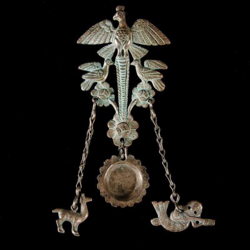 Pin, three birds with llama, dish, and mermaid pendants