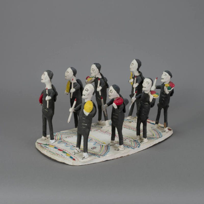 Figure series, skeletons in procession wearing black suits or black robes