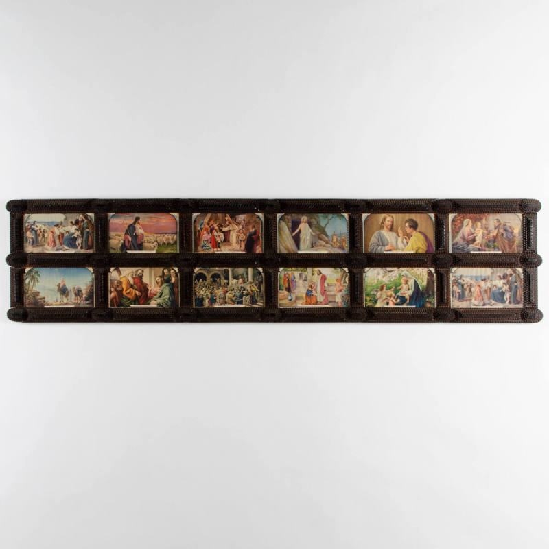Tramp art frame with bible prints