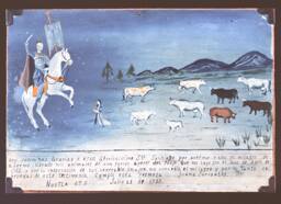 Mexico ex-voto: Santiago.  PTD. ON TIN SHEET. BLUE AND GRAY BACKGROUND. TOP: MALE ON  REARING H…