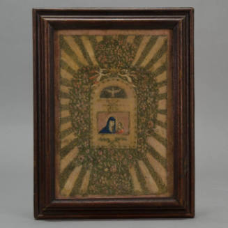 Framed fabric piece, Virgin & Child (actually a sand painting)