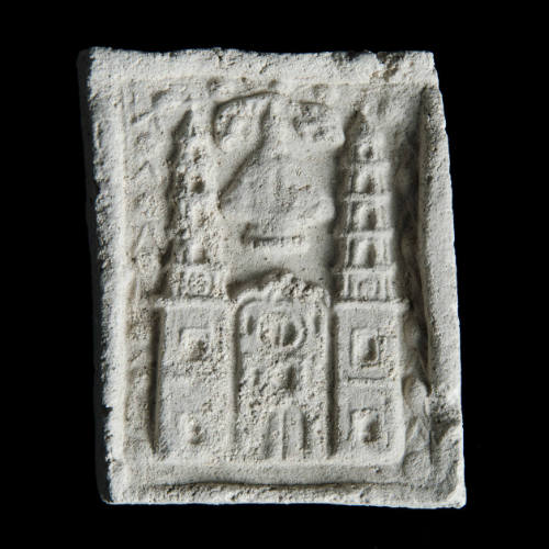 Sacred clay tablet with cathedral with Virgin and pair of cherubs