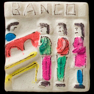 Painted tablet votive offering with people at bank