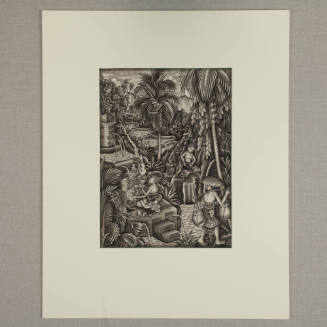Water on a hillside with a man fishing, a man carrying jars, and another praying at a water temple.