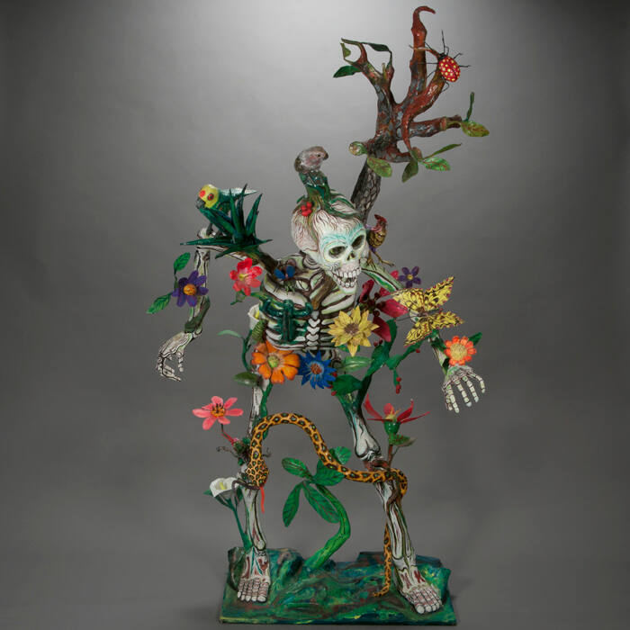 Standing Skeleton Figure with Animals and Flowers