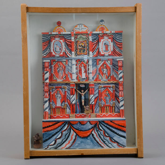 Ranchos de Taos side altar screen in shadow box